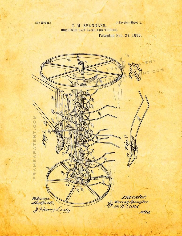 Combined Hay Rake And Tedder Patent Print - Golden Look - Art Posters