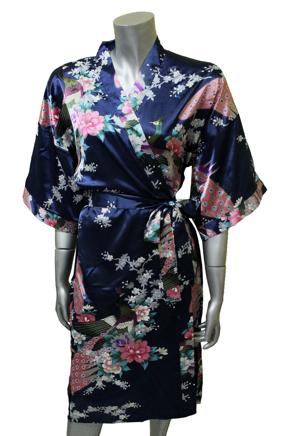 Women Kimono Silk Satin Bath Robe Pajamas Sleepwear Peacock Floral Navy ...
