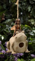 Fairy on Frog Bird House 9" High Copper Look Hanging Garden Poly Stone image 3