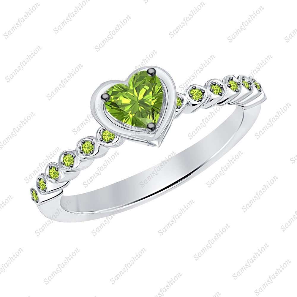 Women's Heart Shaped Peridot 14k White Gold Over 925 Silver Engagement Band Ring