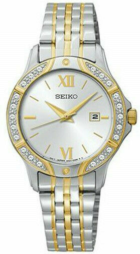 Primary image for Seiko SUR864 Watch Crystal Accents Two Tone Gold Silver Stainless Steel Date