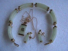 Vintage 14k Solid Yellow Gold Jadeite Jade Bracelet, Earrings & Necklace Set - $750.00