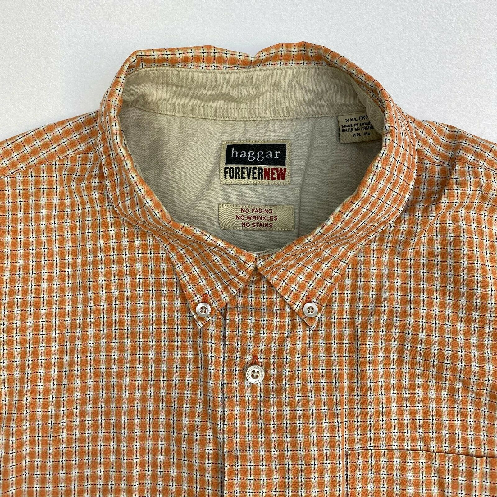 Haggar Forevernew Button Up Shirt Mens XXL Orange Check Short Sleeve