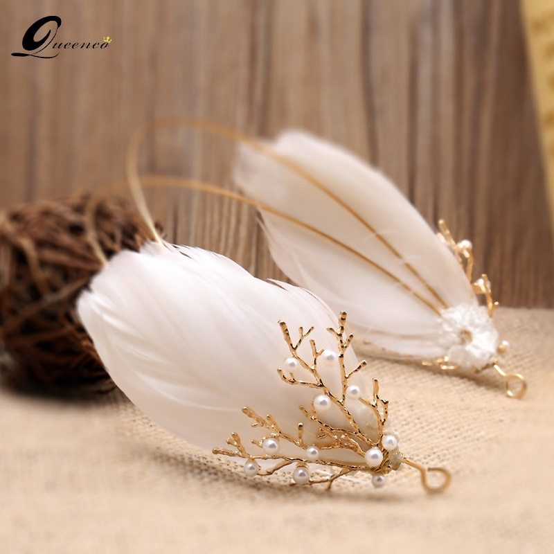 White Feather Tiara Headband Wedding Hair Accessories For Girl Women Crowns And