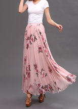 Women Pink FLORAL Chiffon Long Skirt A-line Flower Long Chiffon Skirt Summer  image 10