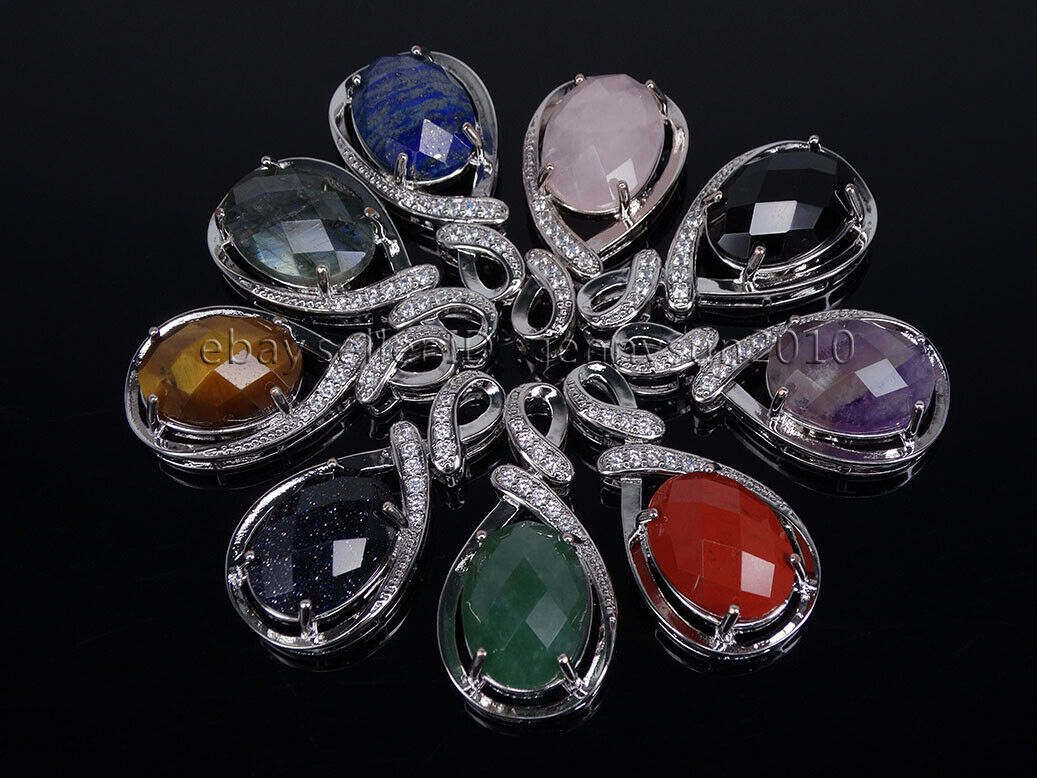 Natural Gemstone Faceted Oval Reiki Chakra Pendant Charms Silver Rhinestone
