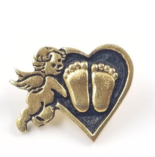 Primary image for Vintage Cherub Angel Baby Feet Footprint Heart Gold Tone Black Enamel Pin