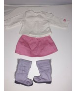 American Girl Cozy Plaid Outfit pink skirt, purple boots, cream top - $14.03