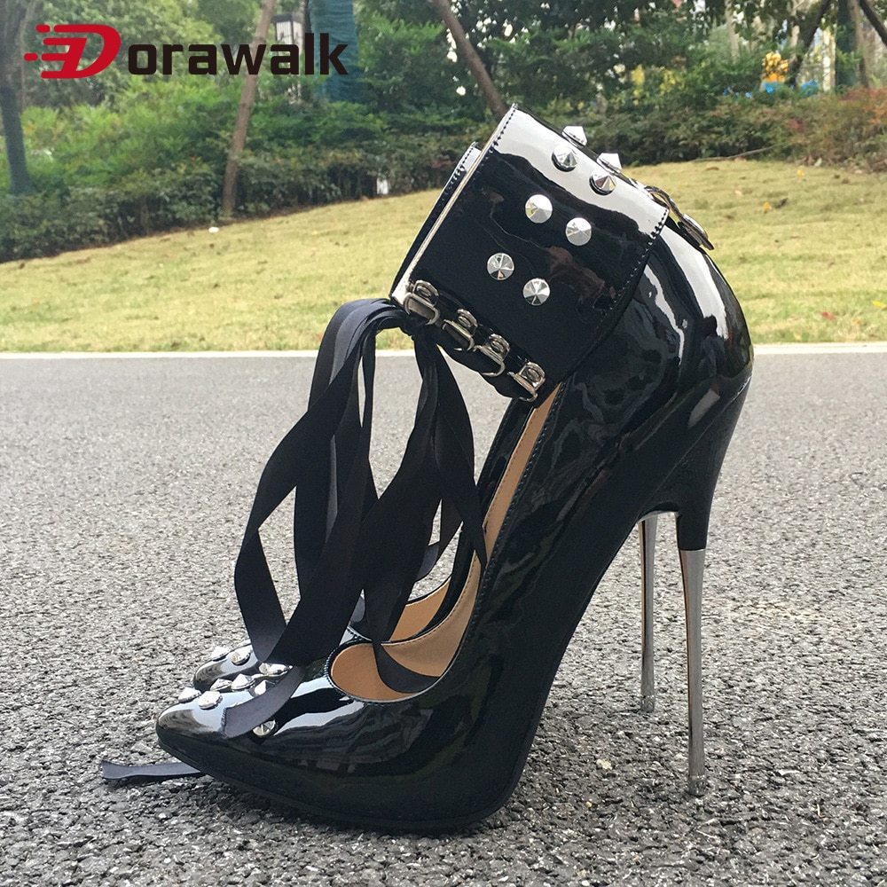 Extreme High Heels Pumps 16cm Sexy Fetish Rivets Riband Ankle Strap Model Show S Women