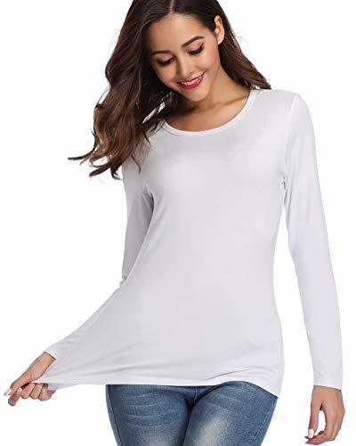 Fuinloth Women's Basic T Shirt Long Sleeve Slim Fit Plain Spandex Tops ...