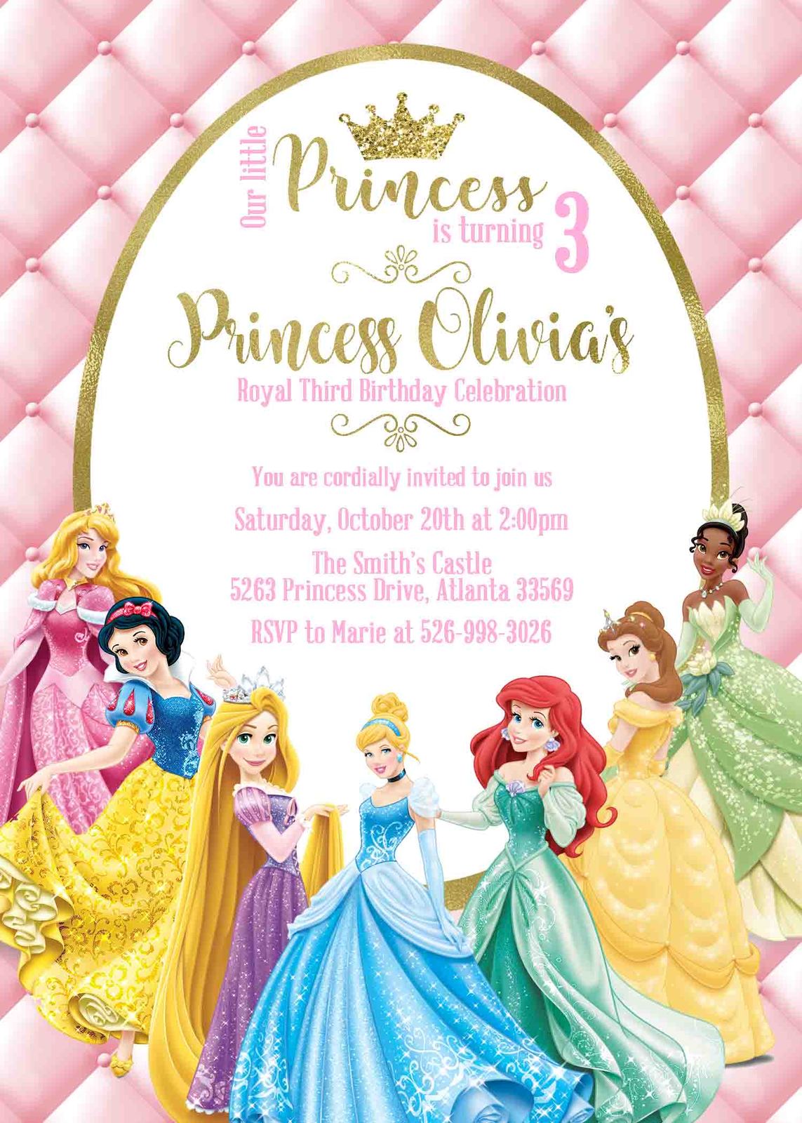 Princess Birthday Invitation Disney Princess Personalized Pink Tiara