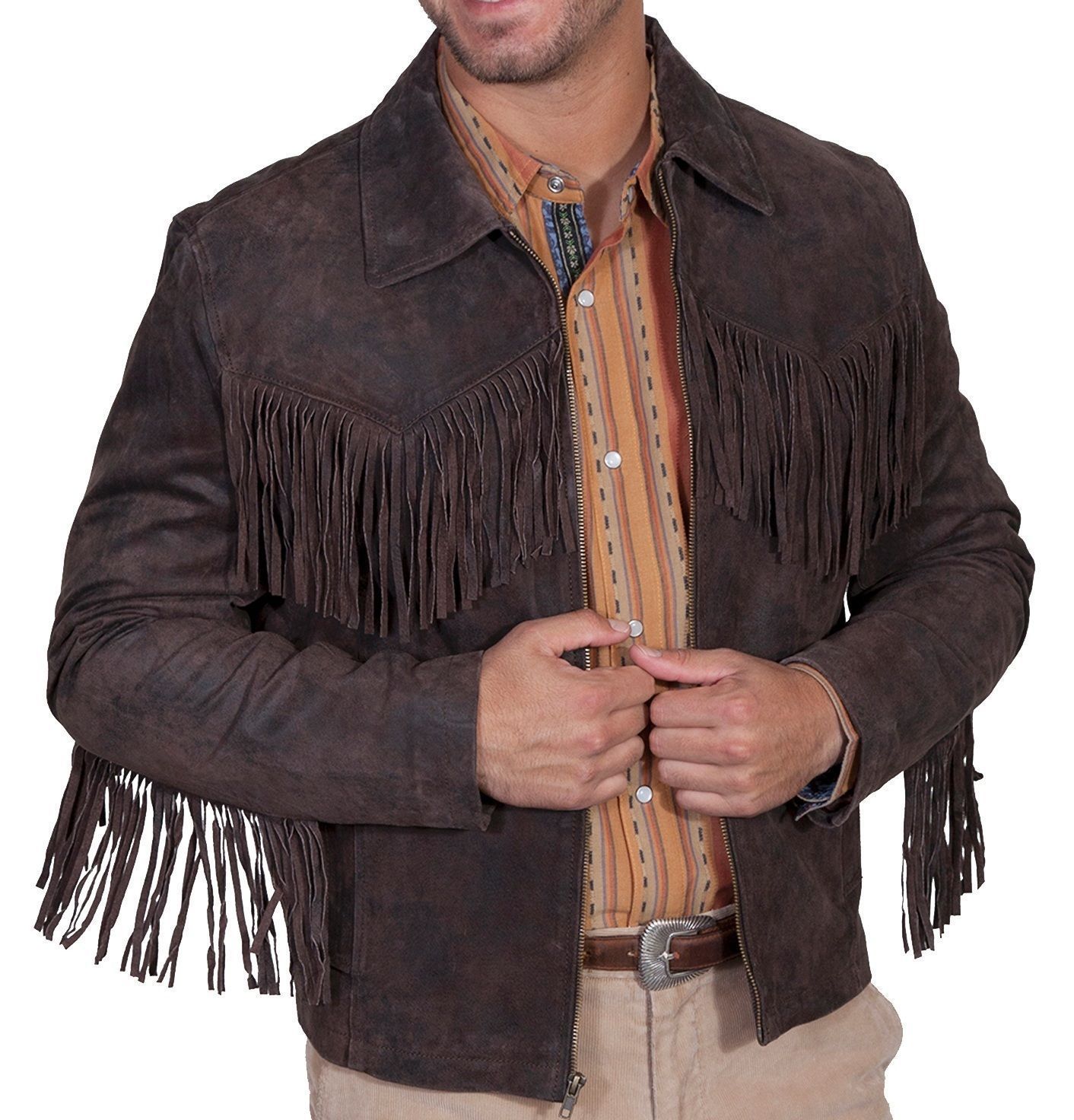 QASTAN Men's New Native American Brown Fringes Cow Suede Leather Jacket ...