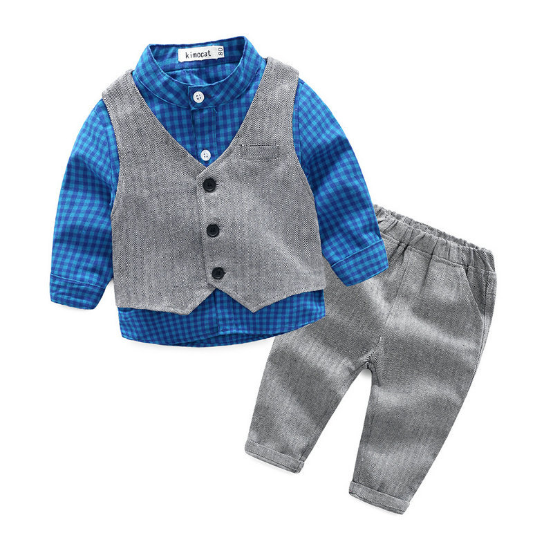 Kid Baby Boys Gentleman clothes Grid shirt+vest+pants and tie party ...