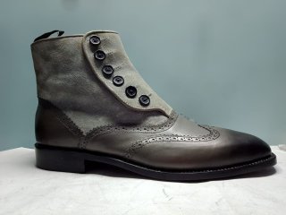 New Men’s Handmade Grey Ankle High Dress Leather & Suede Button Wing Tip Boots