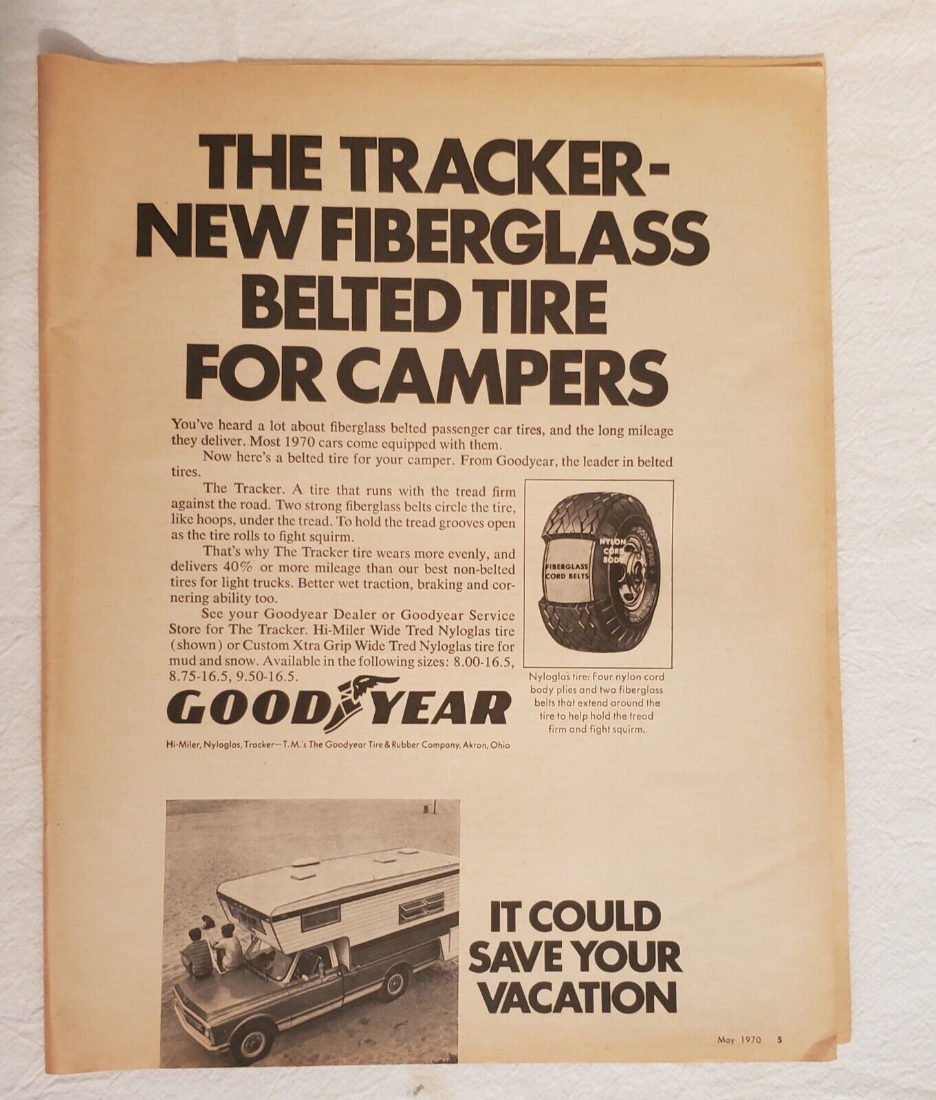 Vintage Goodyear Tracker Camper Tire Advertisement 1970 Original Other