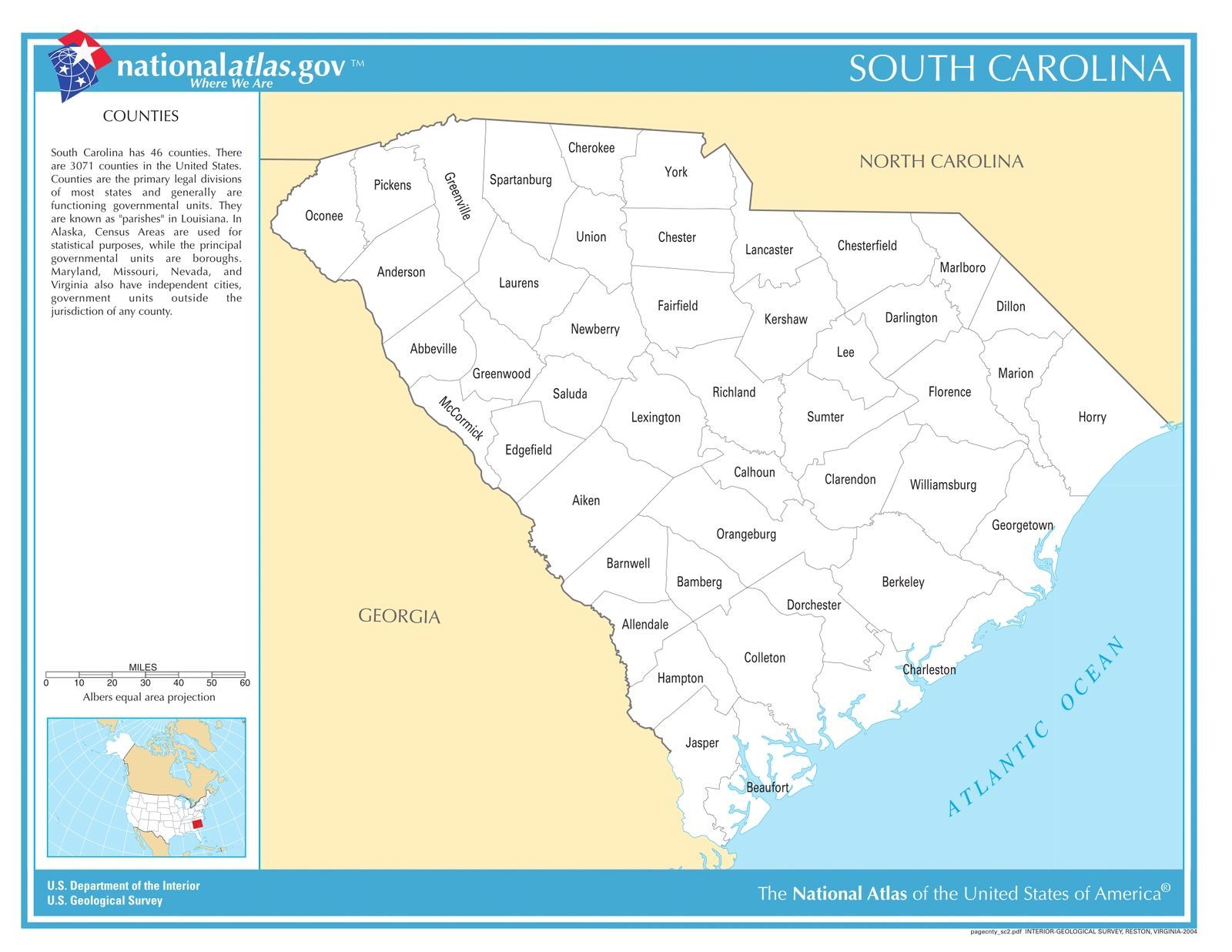 South Carolina State Counties Laminated Wall Map - US