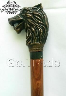 Antique Brass Lion Design Style Cane Wooden Walking Stick Vintage Walkers Gift 