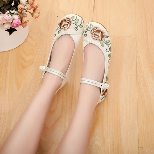 Veowalk Ankle Strap Women Canvas Embroidered Ballet Flats, Chinese Style Ladies