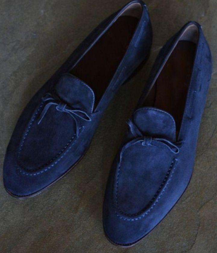 Bespoke Men's Navy Blue Suede Leather Loafer Moccasin Formal Dress Leather Shoes