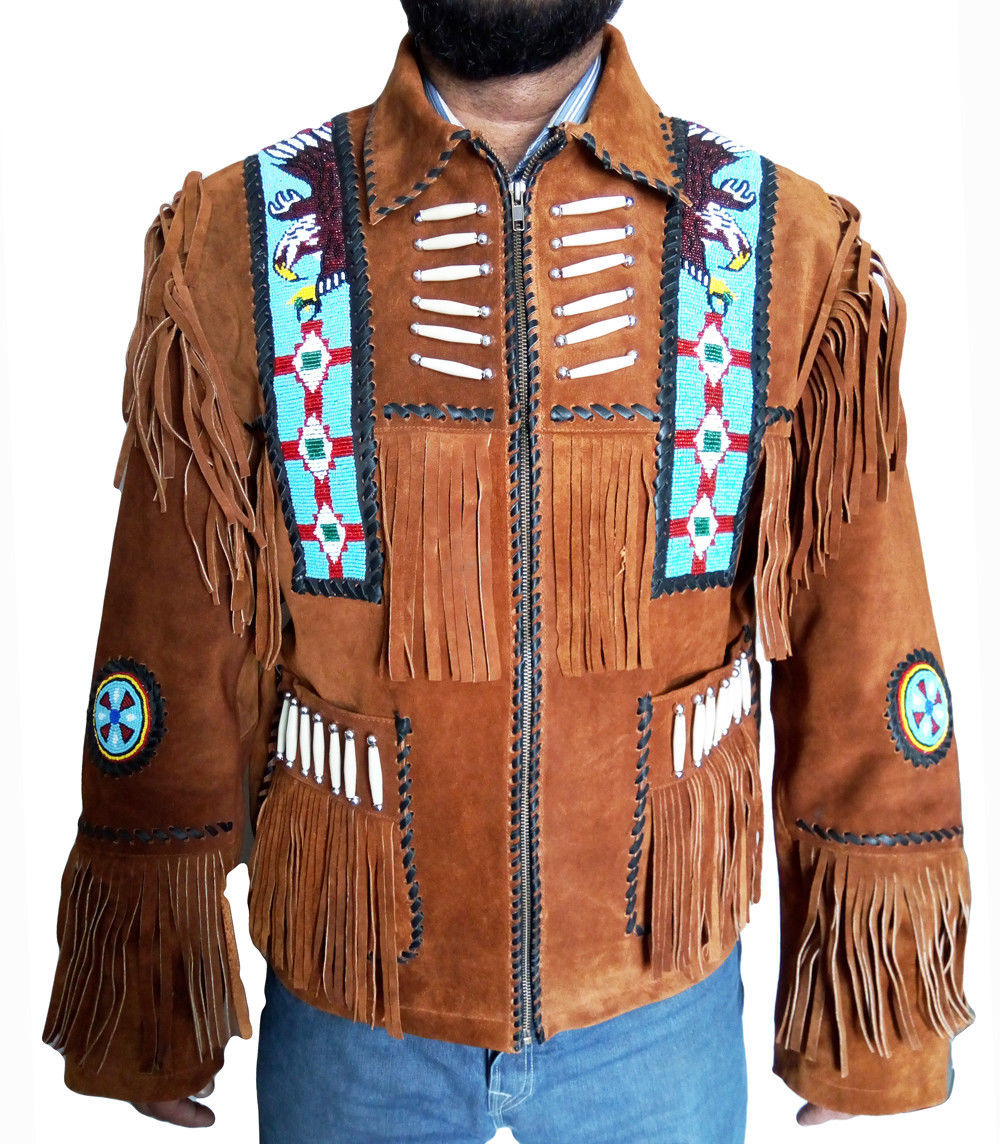 Western Traditional Brown Suede Leather Jacket Fringe Eagle Beads Patches Bones