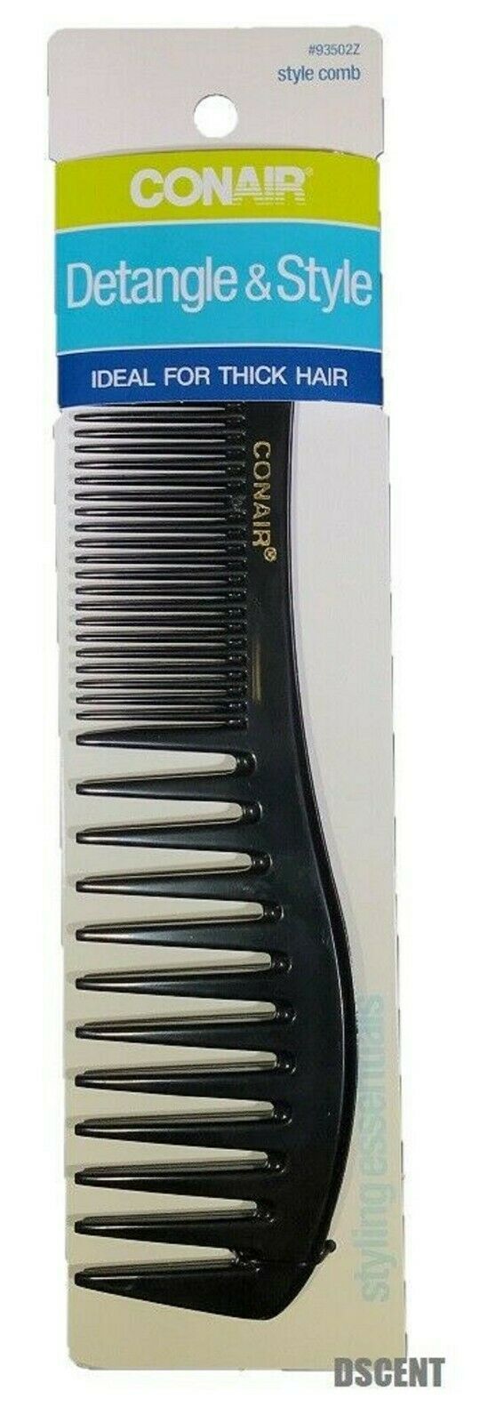 CONAIR* Wide+Close Teeth DETANGLE & STYLE COMB Thick Hair BLACK Carded