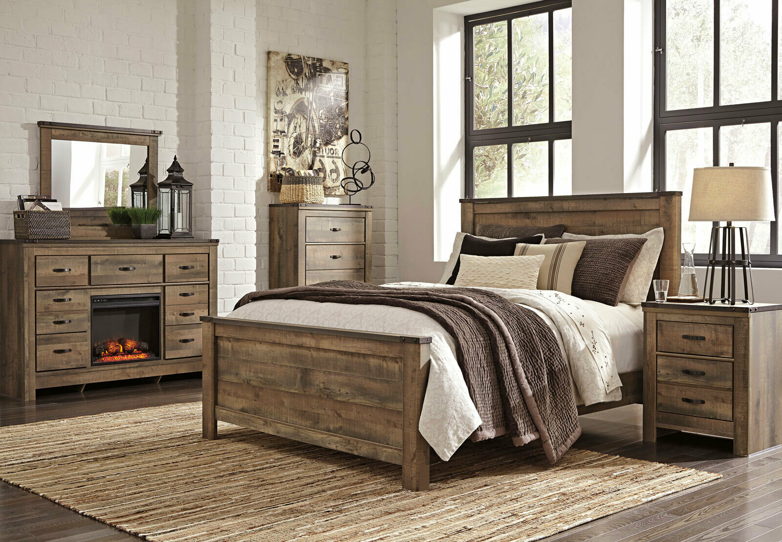 Modern Rustic Brown w. Fireplace Bedroom Furniture - 5pcs King Size Bed