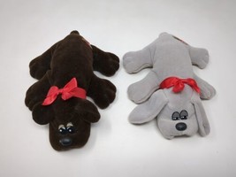 1985 Pound Puppies Dark Brown Chocolate & Gray Red Collar Bow Newborn Dog 9” VTG - $11.87