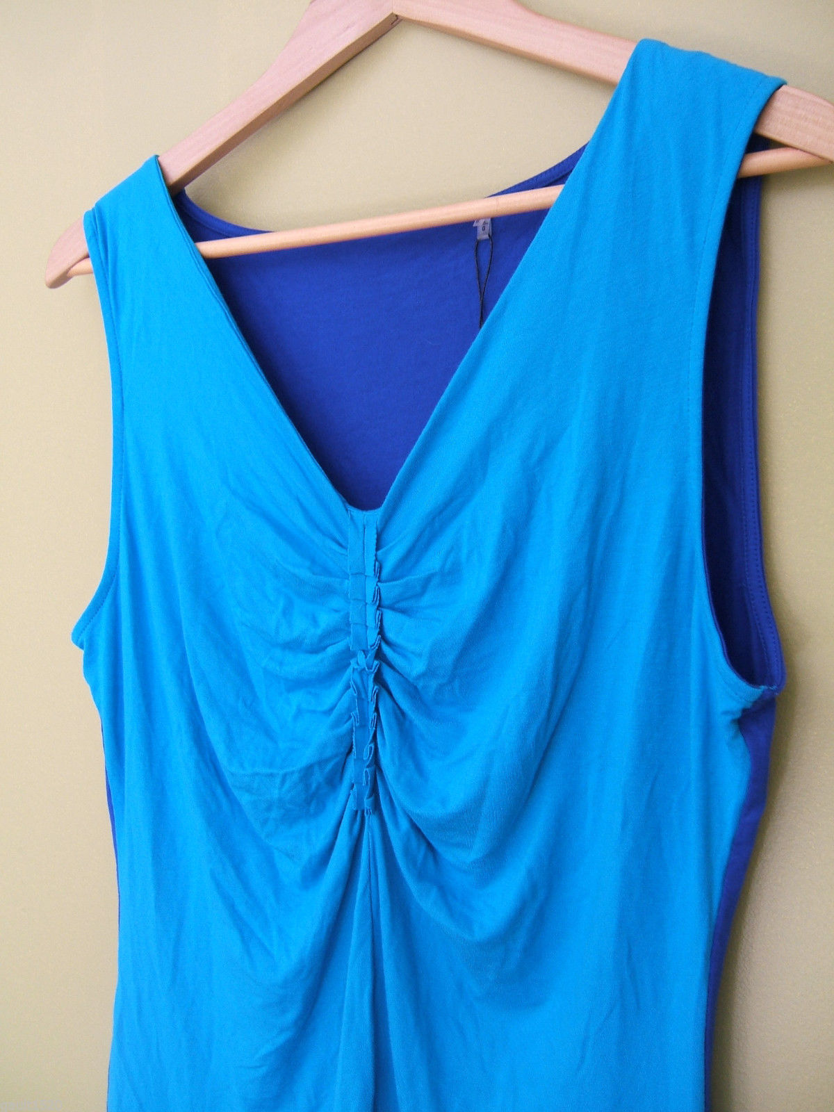 NWT Tahari Designer Doris Knit Blouse Scuba Blue Lagoon Gathered Top L $78 - $34.80