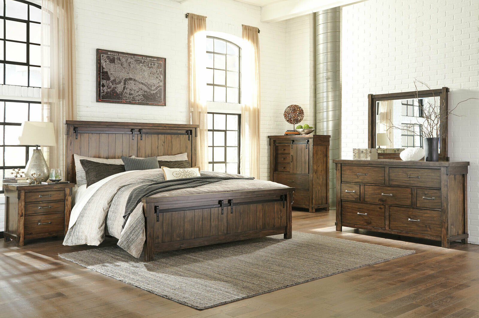 Modern Industrial Style Warm Brown Furniture 5pcs King Panel Bedroom