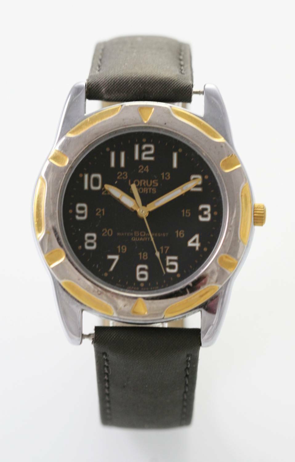 Lorus Watch Mens Sports Gray Leather Stainless Silver Gold Battery 24hr Quartz Wristwatches