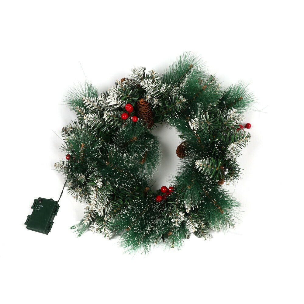 15 Wreath LED Artificial Spruce Christmas Snow Flocked Pine Cones Door Decor