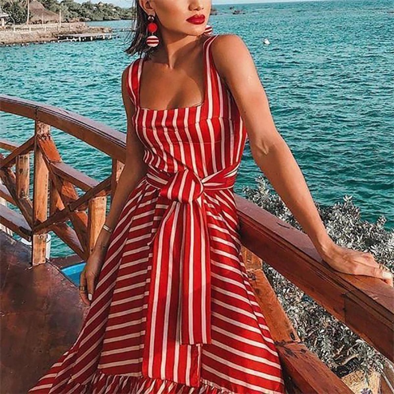 Red white striped ruffle long women A line dress stripes spring summer ...