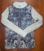 One World Womens Jacket Sweater Size Medium Tan Beige Graphic Print Front - $24.45