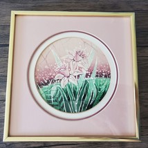 Framed Vintage Wall Art, signed Kenlyn Stewart, Batik, Pink Daffodil Flowers image 1