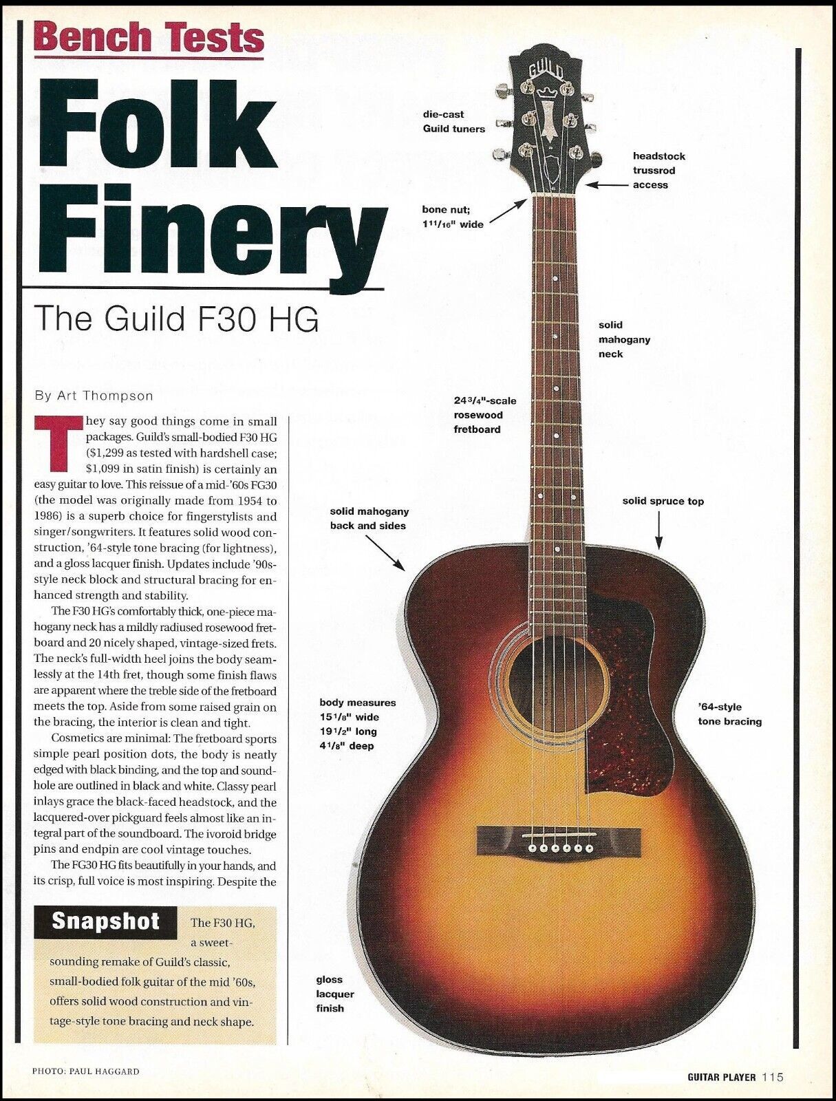 Guild F30 HG acoustic guitar review sound check 2-page bench test ...