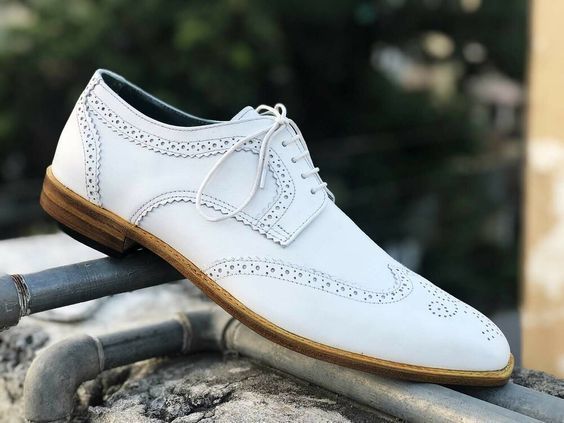 Handmade Men's White Leather Wing Tip Brogue Lace Up Formal Dress Shoes