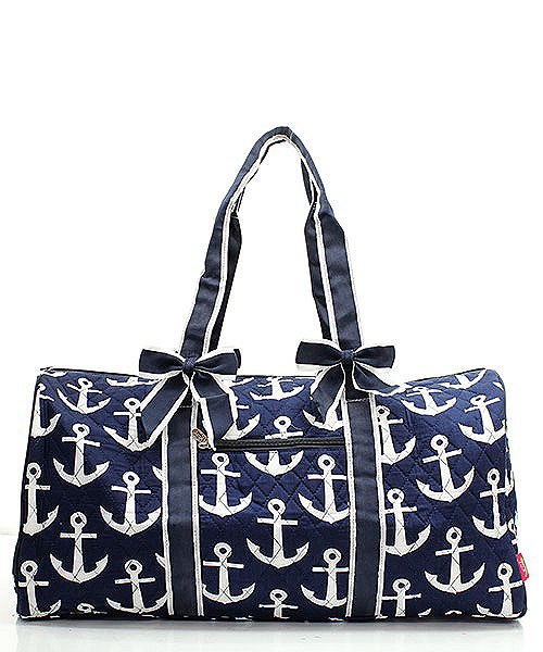 NAVY BLUE ANCHOR PRINT QUILTED 20 in. DUFFEL BAG WITH GINGHAM LINING! - Duffle & Gym Bags