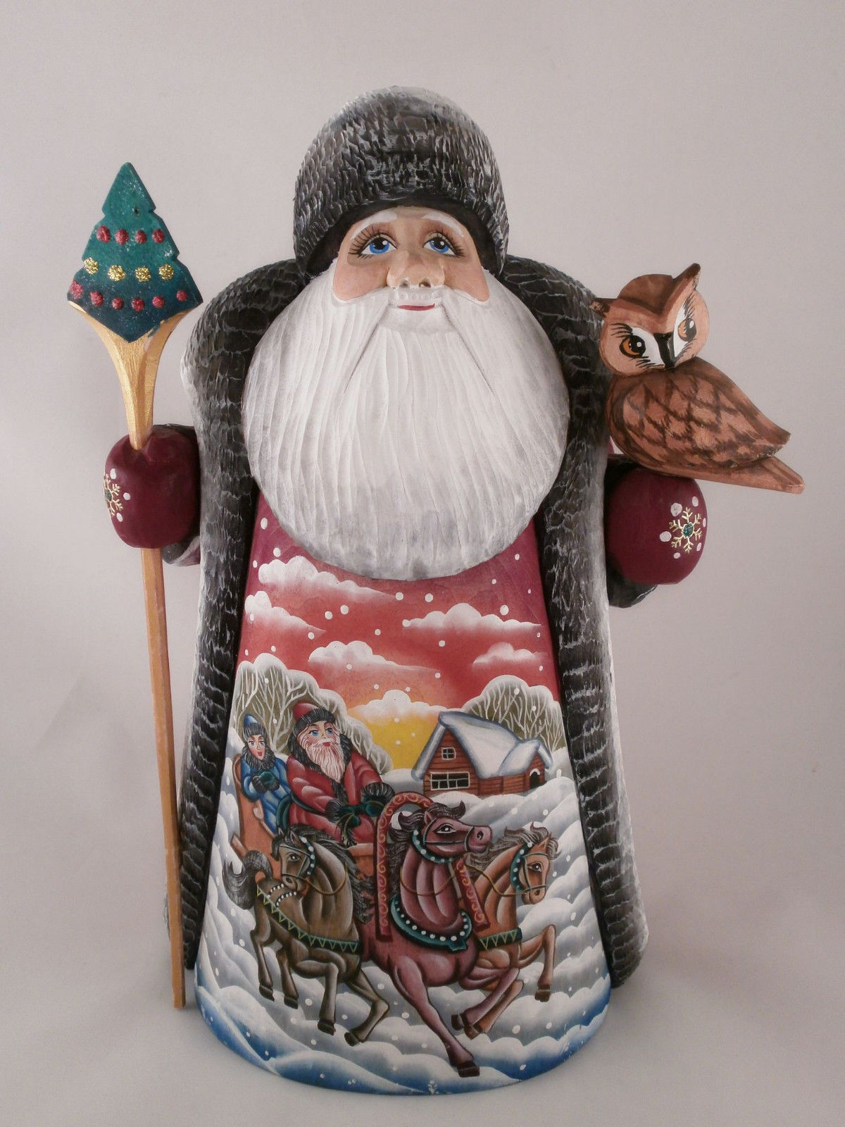 Santa Claus Eagle Owl Christmas Troika Carved Hand Painted Russian Ded