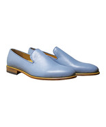 Handmade Men&#39;s Blue Leather Slip Ons Loafer Shoes - $149.99