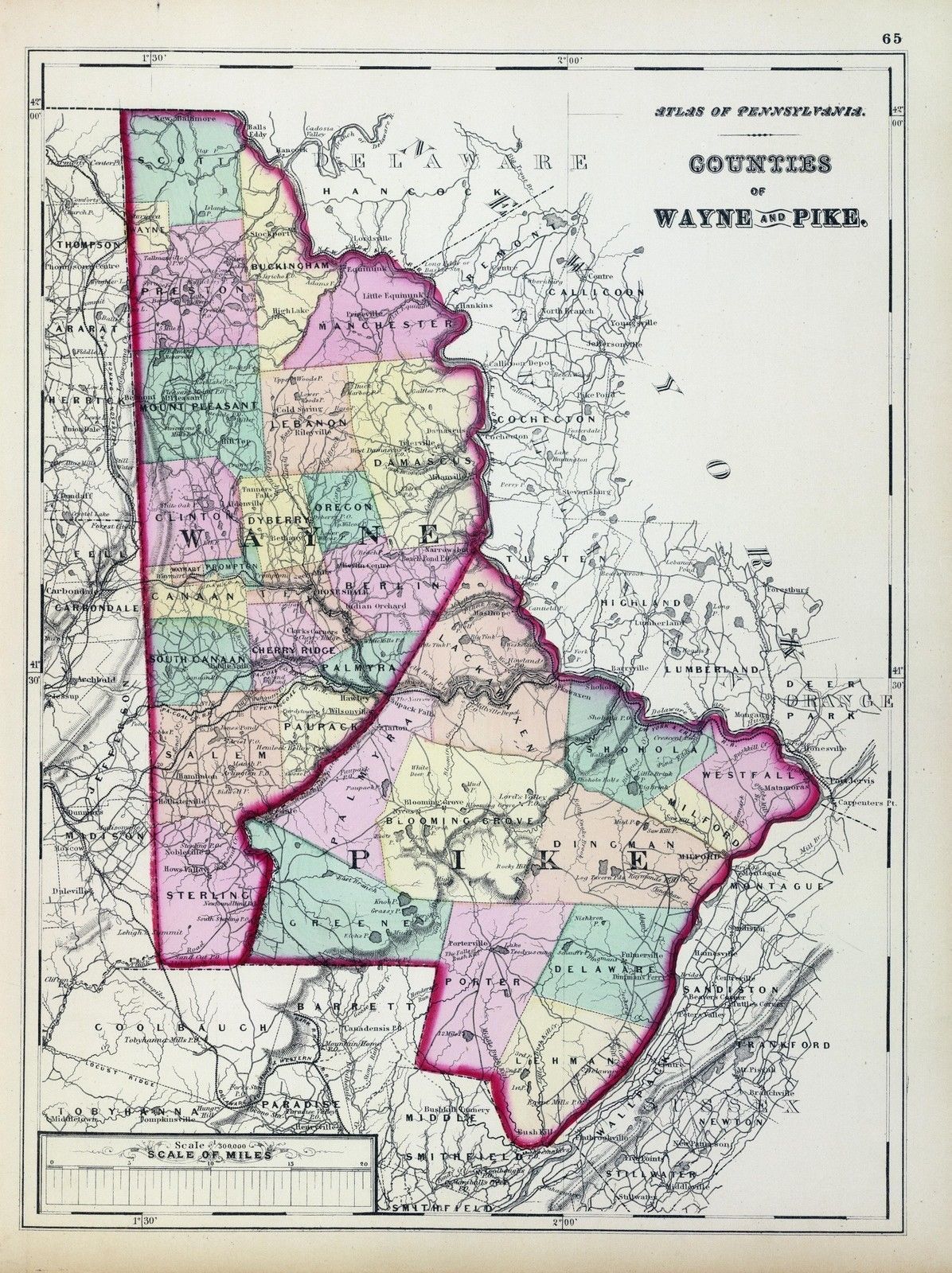 1872 PENNSYLVANIA map poster Wayne Pike County history genealogy 16