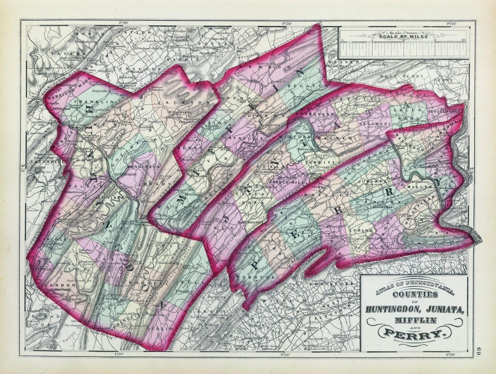 1872 PENNSYLVANIA map poster Huntingdon Juniata Mifflin Perry County