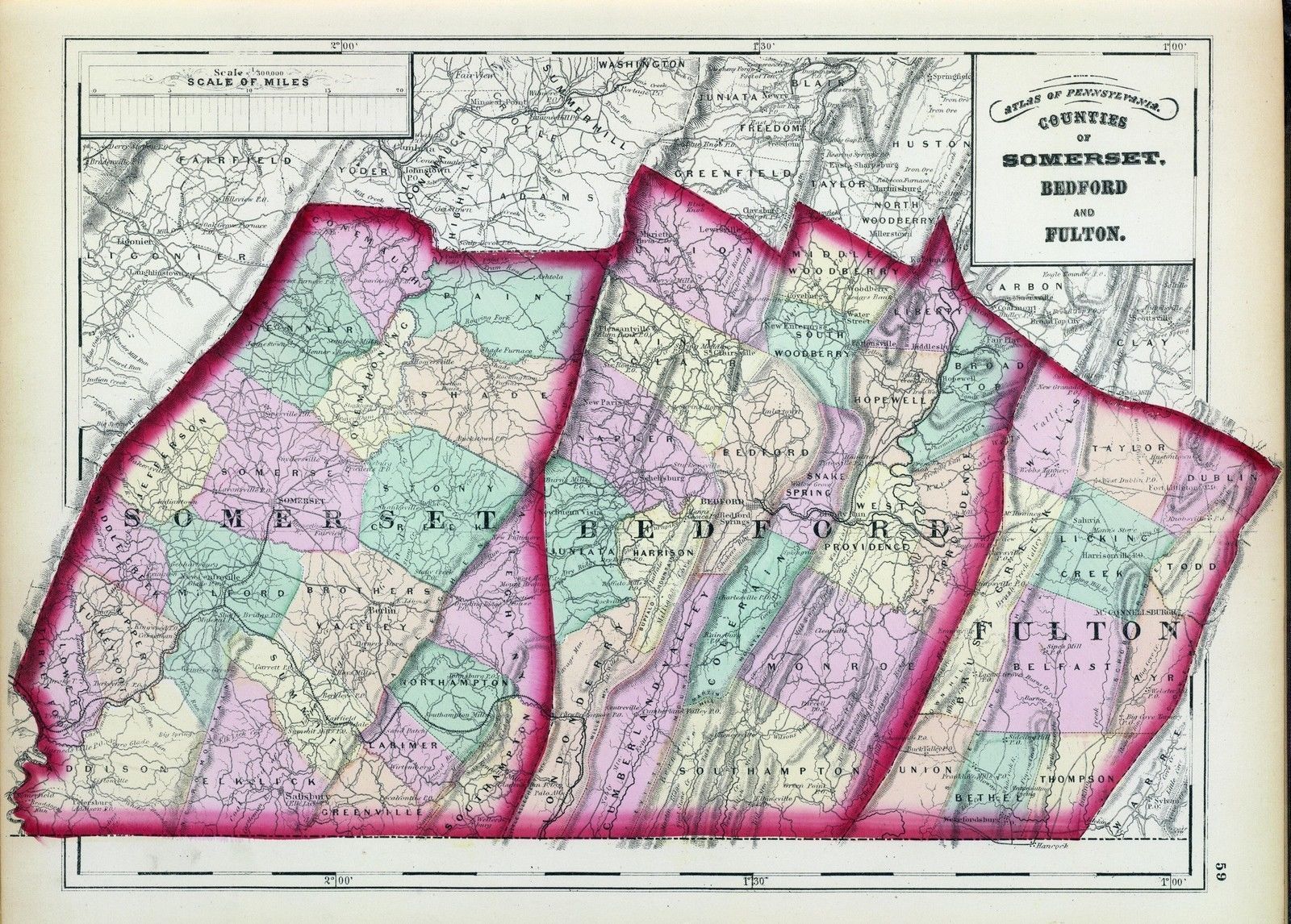 1872 PENNSYLVANIA map poster Somerset Bedford Fulton County history