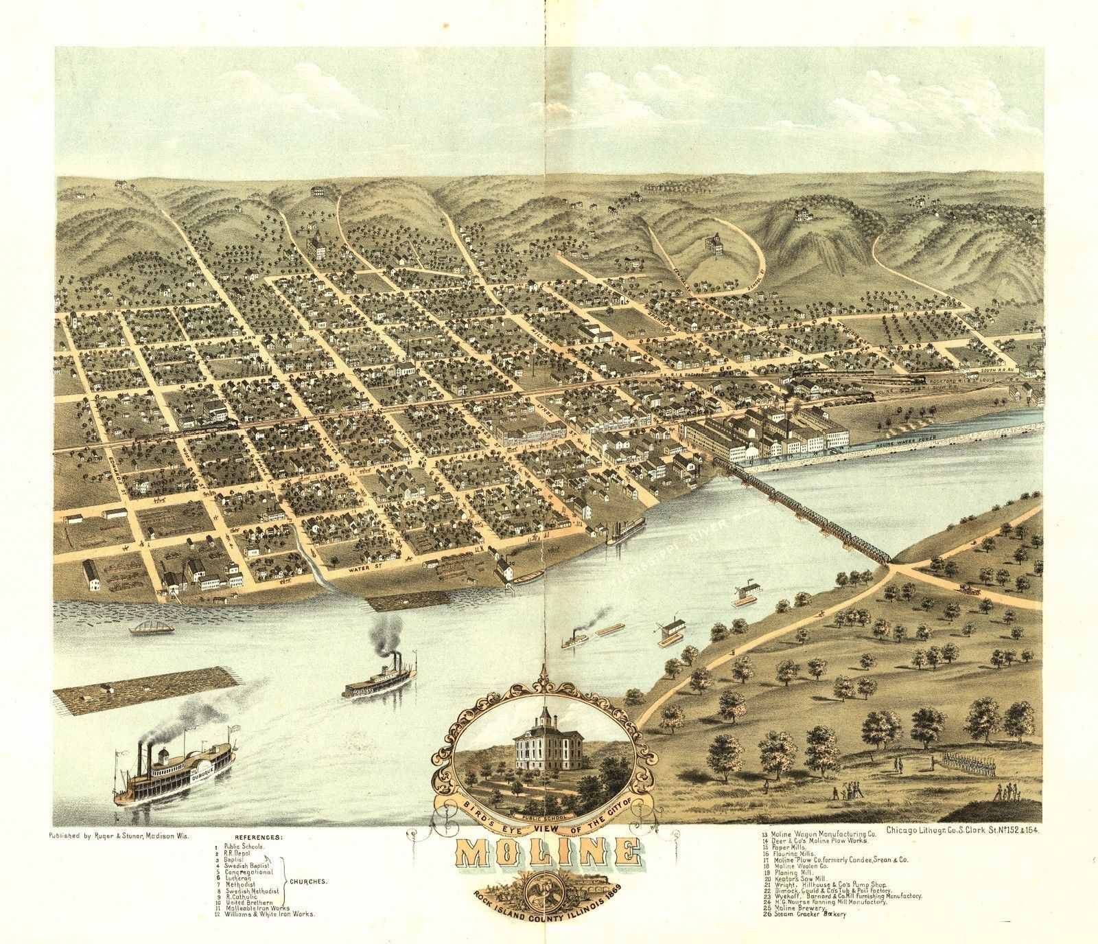 1869 MOLINE Rock Island County aerial ILLINOIS map GENEALOGY atlas ...