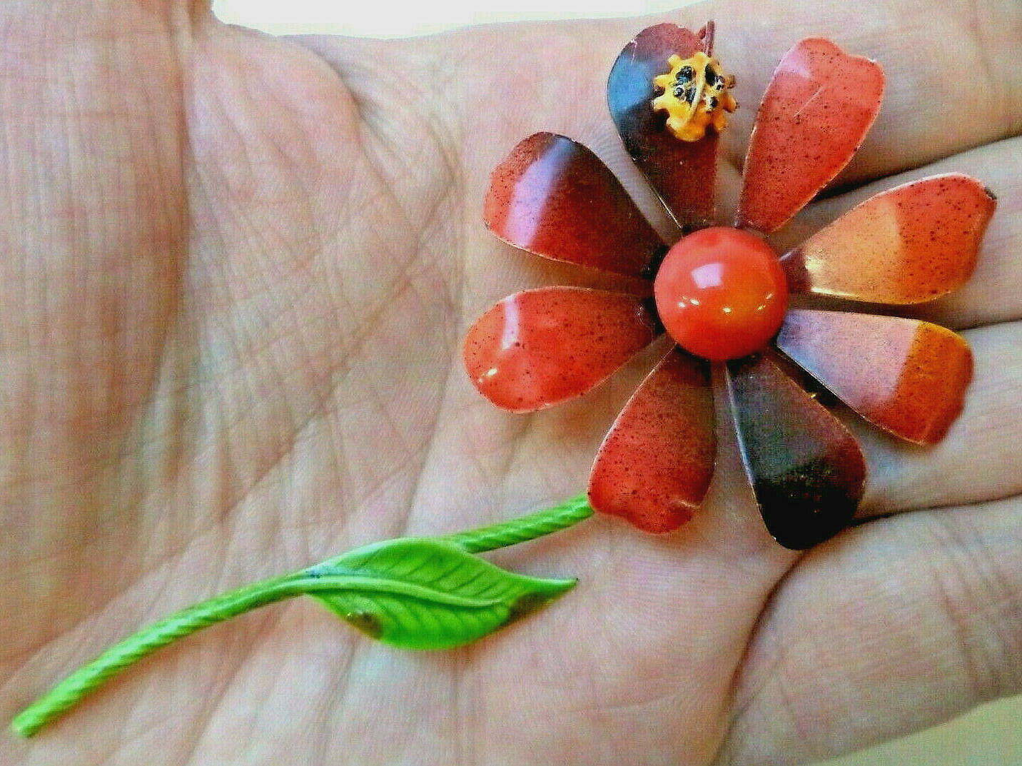 Primary image for Vintage Red Enamel Ladybug bug insect on Flower Brooch Pin 3 3/4th inch