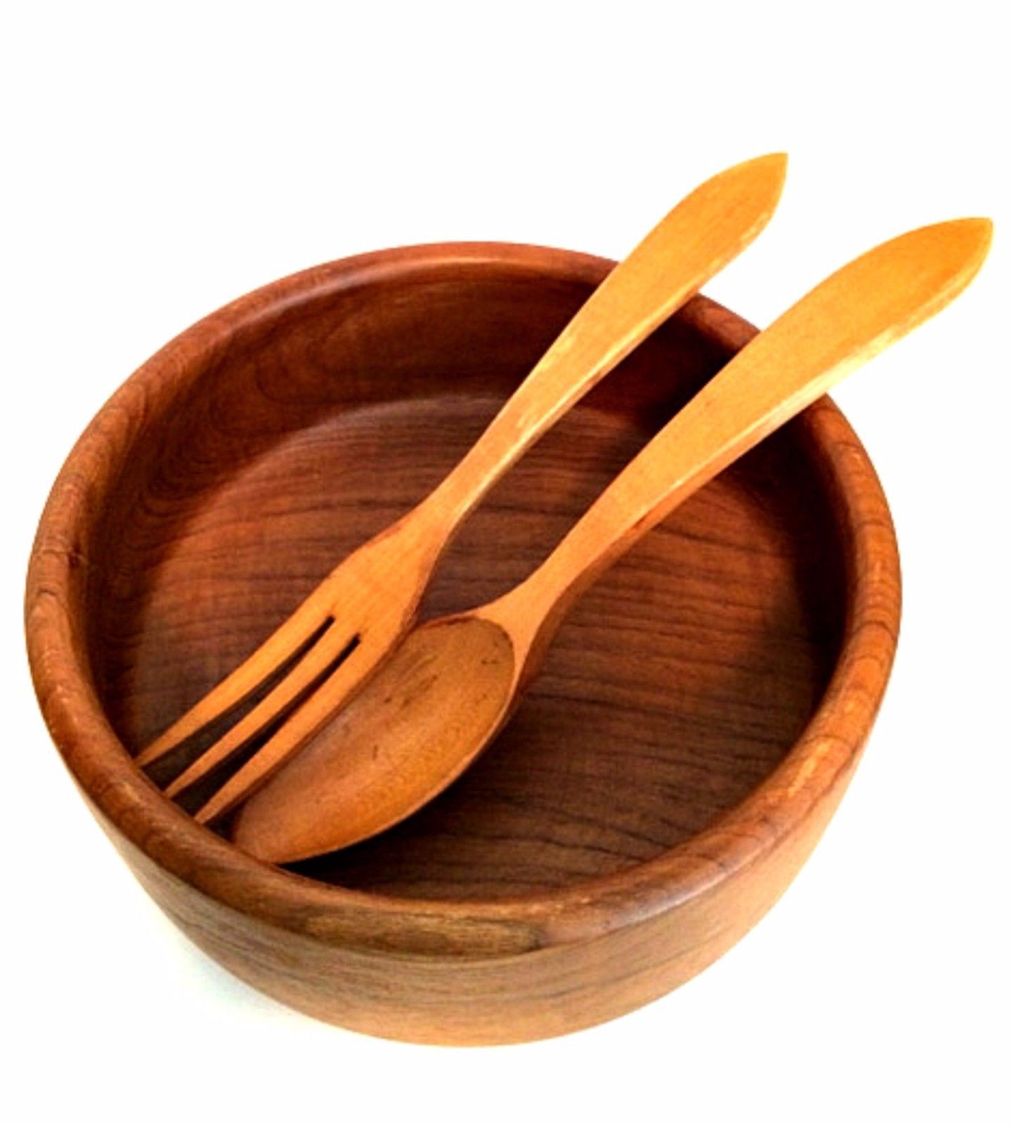 Vintage Wooden Salad Bowl Serving Spoon Fork Mid Century 10 inch