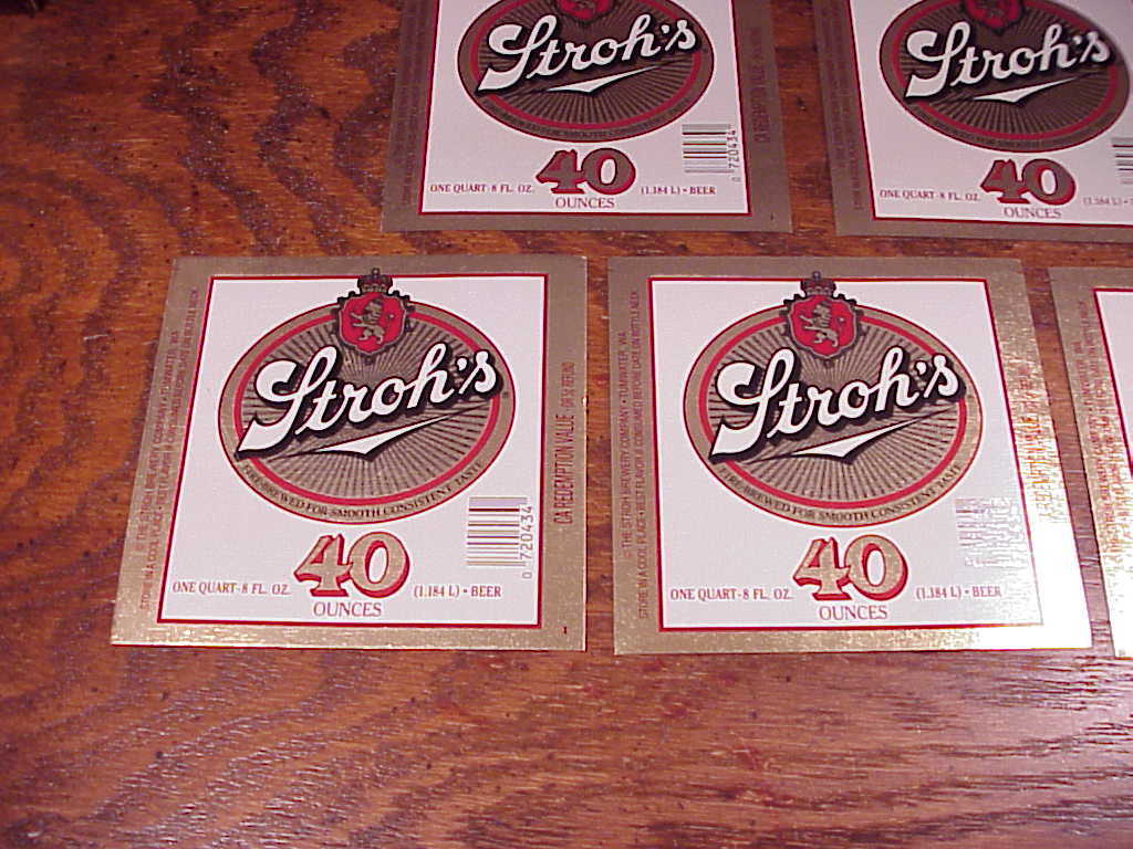 Lot of 5 Unused Stroh's Beer Labels, 40 ounce size - Labels