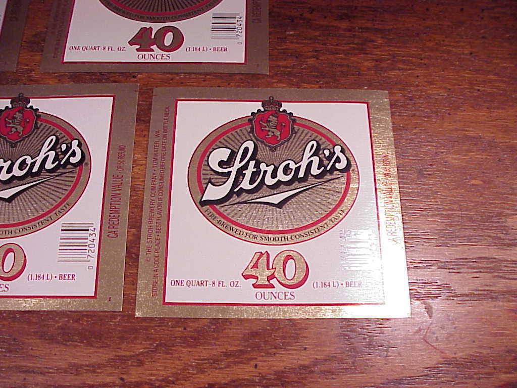 Lot of 5 Unused Stroh's Beer Labels, 40 ounce size - Labels