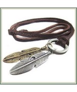 Bohemian Unisex  Antique Feather Pendant on 35&quot; Adjustable Leather Necklace - $40.95