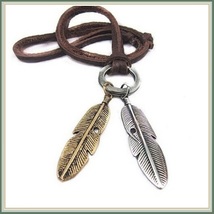 Bohemian Unisex  Antique Feather Pendant on 35" Adjustable Leather Necklace image 3