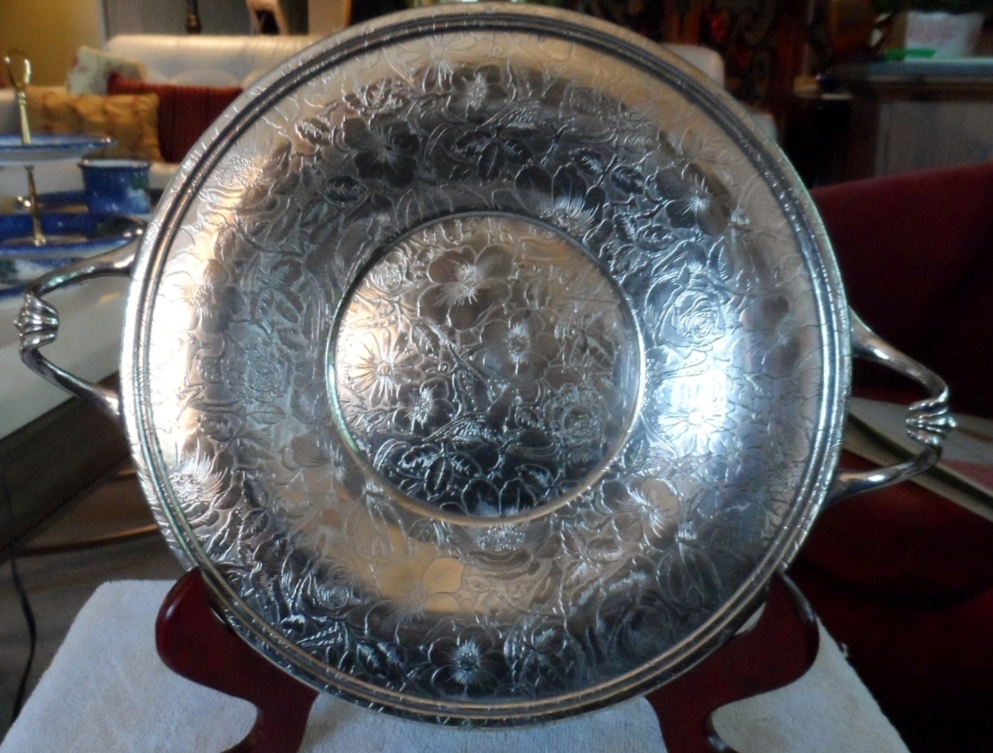 ANTIQUE Silver Plate round serving tray TAPESTRY design, handled, W.B